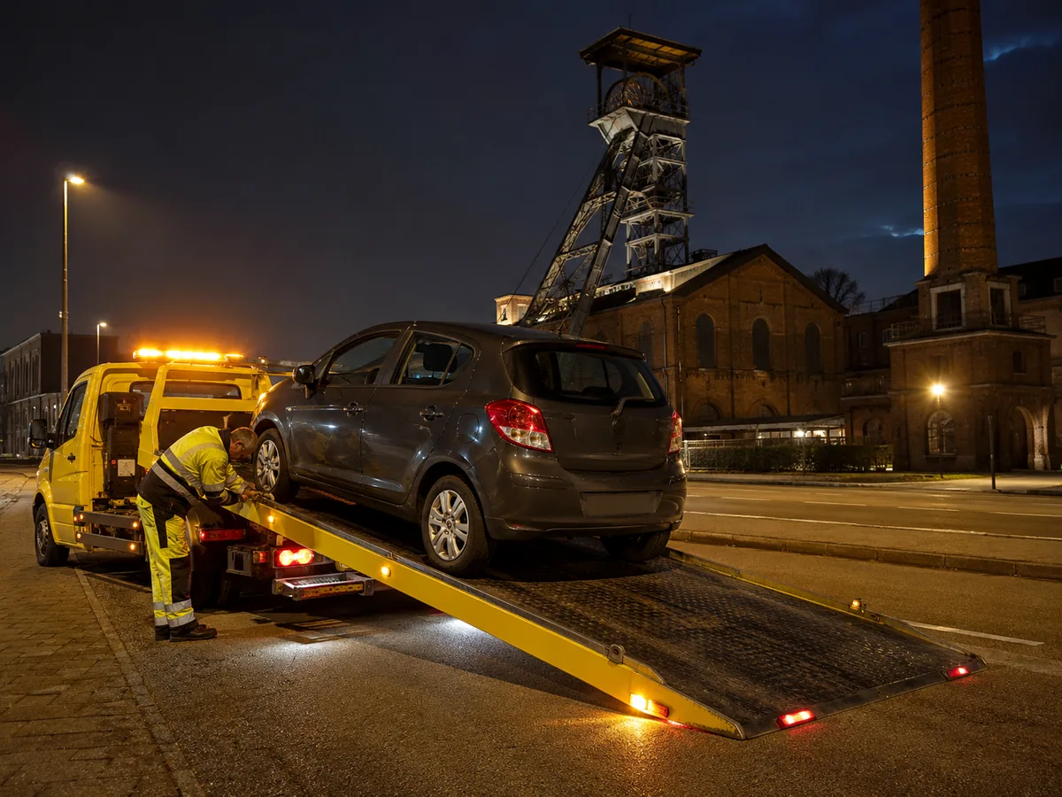 Auto wordt in Beringen ’s avonds op een oprijwagen geladen voor gratis ophaling, met een schachtbok van het mijnerfgoed op de achtergrond