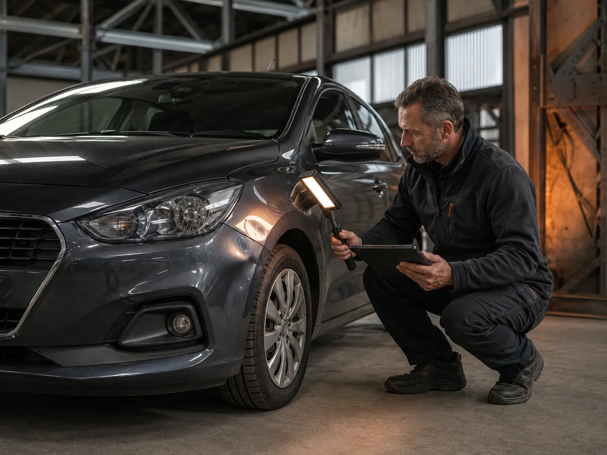 Taxatie in Beringen: de auto opkoper controleert een wagen met een tablet in een industriële hal, voor een vrijblijvend bod